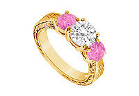 Three Stone Pink Sapphire and Diamond Ring : 14K Yellow Gold - 1.25 CT TGW
