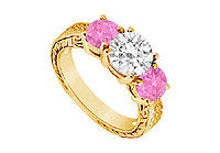 Three Stone Pink Sapphire and Diamond Ring : 14K Yellow Gold - 1.50 CT TGW