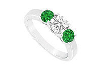 Three Stone Emerald and Diamond Ring : 14K White Gold - 0.33 CT TGW