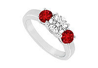 Three Stone Ruby and Diamond Ring : 14K White Gold - 0.75 CT TGW
