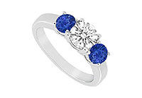 Three Stone Sapphire and Diamond Ring : 14K White Gold - 1.00 CT TGW