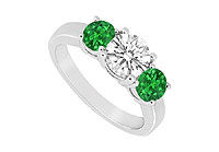 Three Stone Emerald and Diamond Ring : 14K White Gold - 1.25 CT TGW