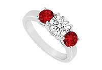 Three Stone Ruby and Diamond Ring : 14K White Gold - 1.25 CT TGW