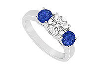 Three Stone Sapphire and Diamond Ring : 14K White Gold - 1.25 CT TGW