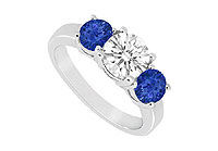 Three Stone Sapphire and Diamond Ring : 14K White Gold - 1.50 CT TGW