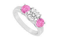 Three Stone Pink Sapphire and Diamond Ring : 14K White Gold - 1.50 CT TGW