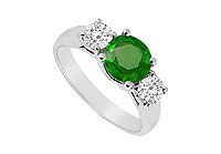 Three Stone Emerald and Diamond Ring : 14K White Gold - 1.00 CT TGW