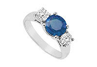 Three Stone Sapphire and Diamond Ring : 14K White Gold - 1.25 CT TGW