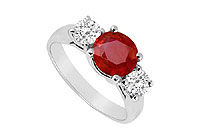 Three Stone Ruby and Diamond Ring : 14K White Gold - 1.75 CT TGW