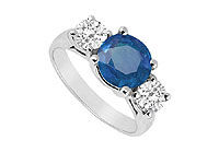 Three Stone Sapphire and Diamond Ring : 14K White Gold - 3.00 CT TGW