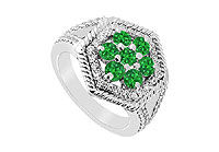 Emerald and Diamond Flower Ring : 14K White Gold - 1.50 CT TGW