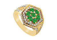 Emerald and Diamond Flower Ring : 14K Yellow Gold - 1.50 CT TGW