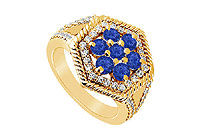 Sapphire and Diamond Flower Ring : 14K Yellow Gold - 1.50 CT TGW