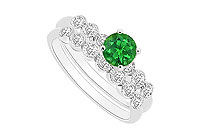 Emerald and Diamond Engagement Ring with Wedding Band Set : 14K White Gold - 0.50 CT TGW