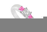 Three Stone Diamond and Pink Sapphire Ring : 14K White Gold - 0.25 CT TGW