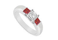 Three Stone Diamond and Ruby Ring : 14K White Gold - 0.25 CT TGW