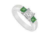 Three Stone Diamond and Emerald Ring : 14K White Gold - 0.33 CT TGW