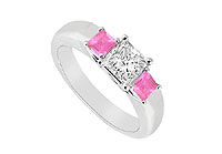 Three Stone Diamond and Pink Sapphire Ring : 14K White Gold - 0.33 CT TGW