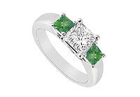 Three Stone Diamond and Emerald Ring : 14K White Gold - 0.50 CT TGW