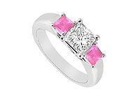 Three Stone Diamond and Pink Sapphire Ring : 14K White Gold - 0.50 CT TGW