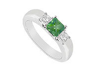Three Stone Emerald and Diamond Ring : 14K White Gold - 0.25 CT TGW