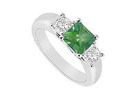 Three Stone Emerald and Diamond Ring : 14K White Gold - 0.50 CT TGW