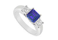 Three Stone Sapphire and Diamond Ring : 14K White Gold - 0.50 CT TGW