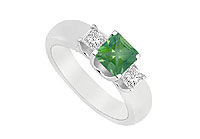 Three Stone Emerald and Diamond Ring : 14K White Gold - 0.75 CT TGW
