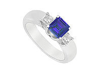 Three Stone Sapphire and Diamond Ring : 14K White Gold - 0.75 CT TGW