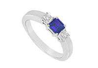 Three Stone Sapphire and Diamond Ring : 14K White Gold - 0.75 CT TGW