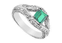Frosted Emerald and Cubic Zirconia Ring : 10K White Gold - 1.50 CT TGW