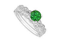 Emerald and Diamond Engagement Ring with Wedding Band Set : 14K White Gold - 0.50 CT TGW