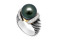 Cultured Black Akoya Pearl and Diamond Rope Ring : 14K Two Tone Gold - 0.50 CT Diamonds