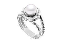 Cultured White Akoya Pearl and Diamond Rope Ring : 14K White Gold - 0.25 CT Diamonds
