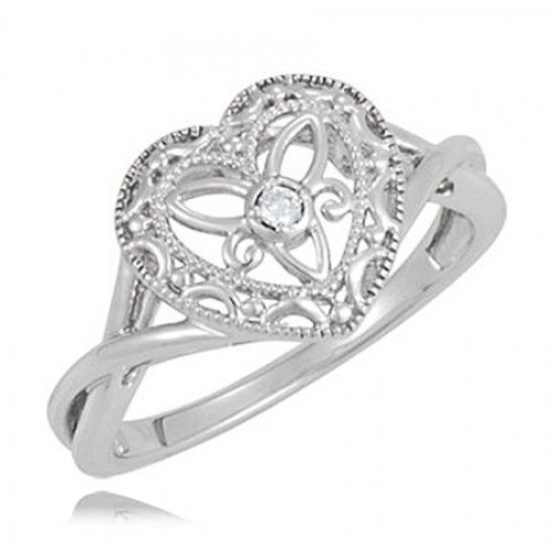 Ladies' Sterling Silver Semi-Polished Design Diamond Heart Ring