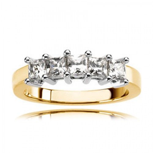 14k White and Yellow Gold Bridal Five Stone Anniversary Diamond Ring - 3/4 Ct.Tw