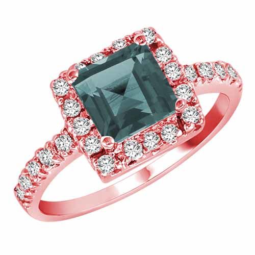 18K Rose Gold Square Aquamarine and Diamond Ring