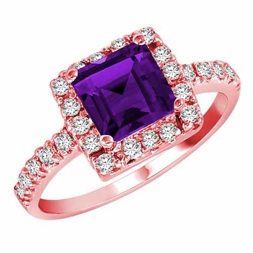 18K Rose Gold Square Amethyst and Diamond Ring