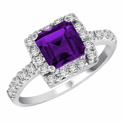 Platinum Square Amethyst and Diamond Ring