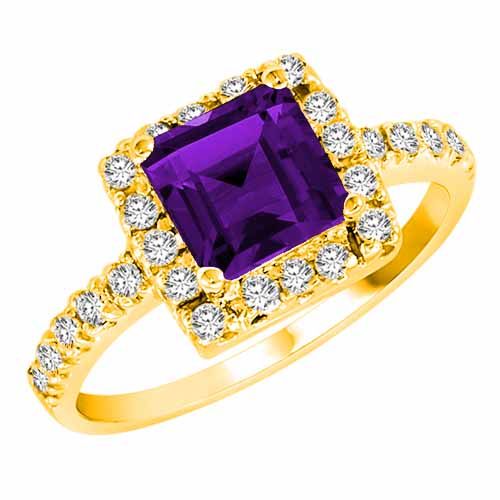 18K Yellow Gold Square Amethyst and Diamond Ring