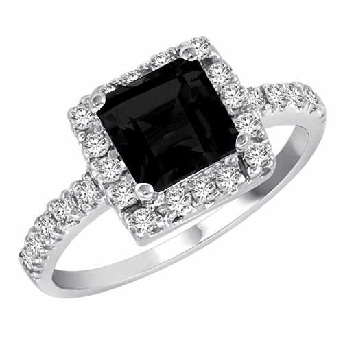 10K White Gold Square Created Black Diamond and Diamond Ring