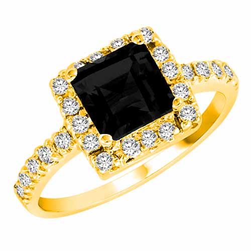 14K Yellow Gold Square Created Black Diamond and Diamond Ring