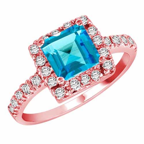 10K Rose Gold Square Blue Topaz and Diamond Ring