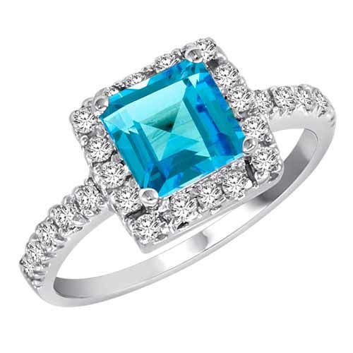 10K White Gold Square Blue Topaz and Diamond Ring
