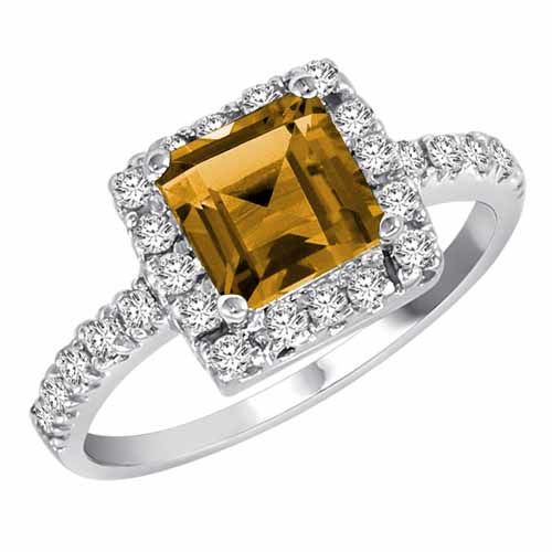 Sterling Silver Square Citrine and Diamond Ring