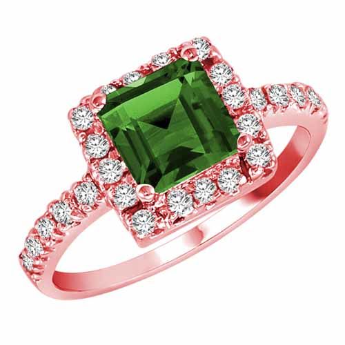 18K Rose Gold Square Created Emerald and Diamond Ring