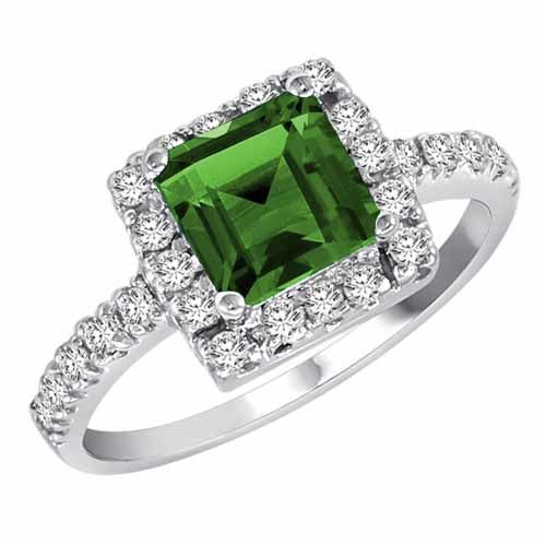 14K White Gold Square Created Emerald and Diamond Ring