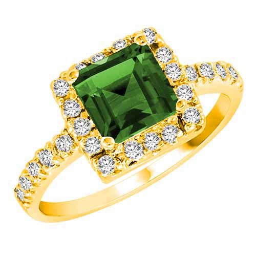 14K Yellow Gold Square Created Emerald and Diamond Ring