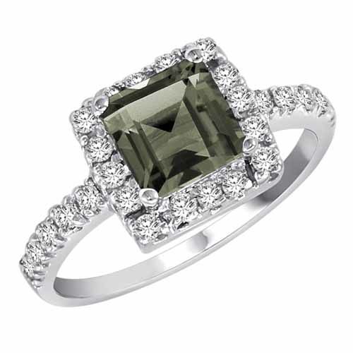 10K White Gold Square Green Amethyst and Diamond Ring