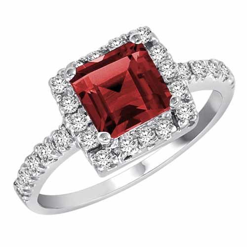 14K White Gold Square Garnet and Diamond Ring
